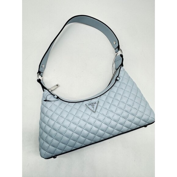 GUESS Everlee top zip quilted faux-leather small shoulder bag - Misty Light Blue - Picture 6 of 9